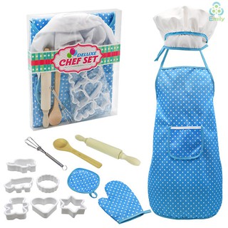 【For Baby】Kids Cooking and Baking Set 13 PCS with Chef Hat Apron Oven Mitt Kitchen Utensils Children Chef Role Playset Educational Gift for Boys (Blue)