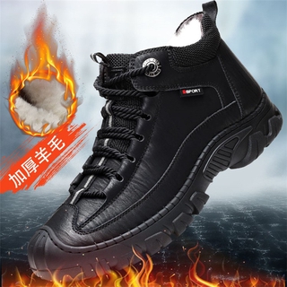 2020Winter Cotton Shoes Men's Fleece-Lined High-Top Warm Leather Casual Shoes Wool Fur Snow Boots