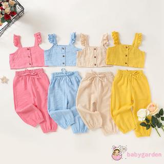 ღ♛ღ1-6Years Baby Girl Clothing Solid Color Sleeveless Sling Casual Button Tops +Trousers