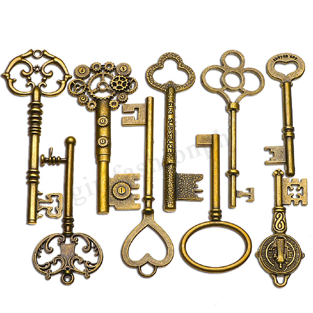 9PCS BIG Large Antique Vtg old Brass Skeleton Keys Lot