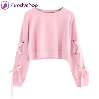 insWomen's Casual Lace Up Long Sleeve Pullover Crop Top Solid Sweatshirt