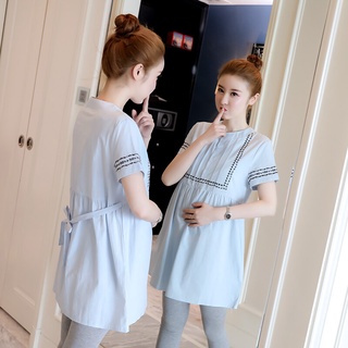 Stripe Embroidered Fashion Summer Maternity Clothes Plus Size Short Sleeve Pregnant Women Cotton Blo