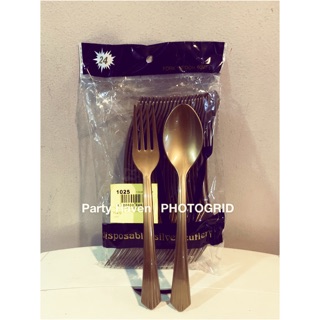 Gold fork & spoon plastic utensils (approx 8”) 12 pairs/pack