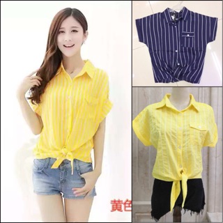 Stripe short sleeve causal polo korean style blouse