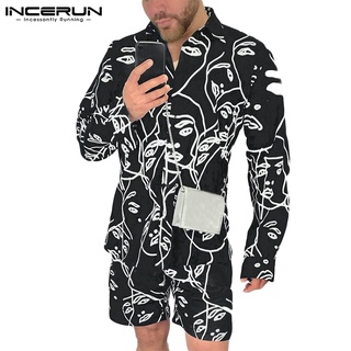 INCERUN Men Fashion Printed Long Sleeve Lapel Collar Shirts+Shorts Casual Set