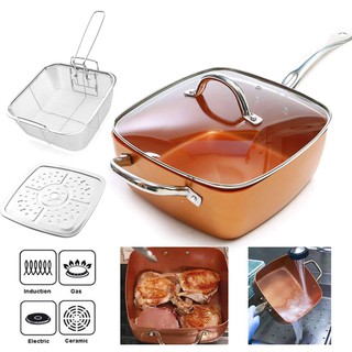 COPPER PAN, Copper Square Frying Pan Induction Chef Glass Lid Fry Basket Steam Rack!