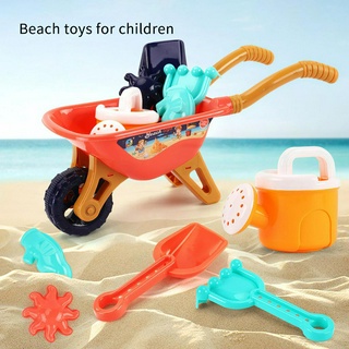 M5❤ 6pcs Kids Beach Toy Sand Castle Playset Summer Sand Water Game Play Cart Beach Game Toy Set Colorful Sand Molds Tool Sand Trolley Shower Rake Shovel for Boys and Girls