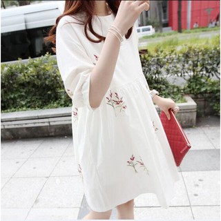 Maternity Dress Cotton Linen Embroidery Short Sleeve Loose (3)