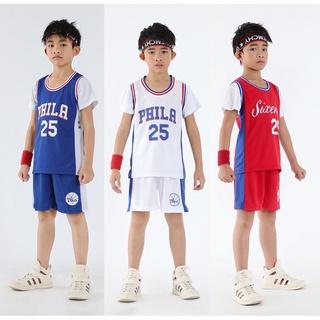 NBA Philadelphia 76ers Ben Simmons No.25 Jersey Kids Fake Two Pieces Basketball Clothing Suits
