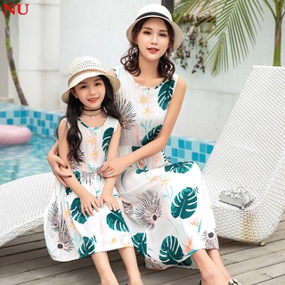 Nu Parent-Child Mother Cotton Silk Dress Girls Nightgown Big Boy Baby Cotton Silk Vest Skirt Women39s Beach Summer