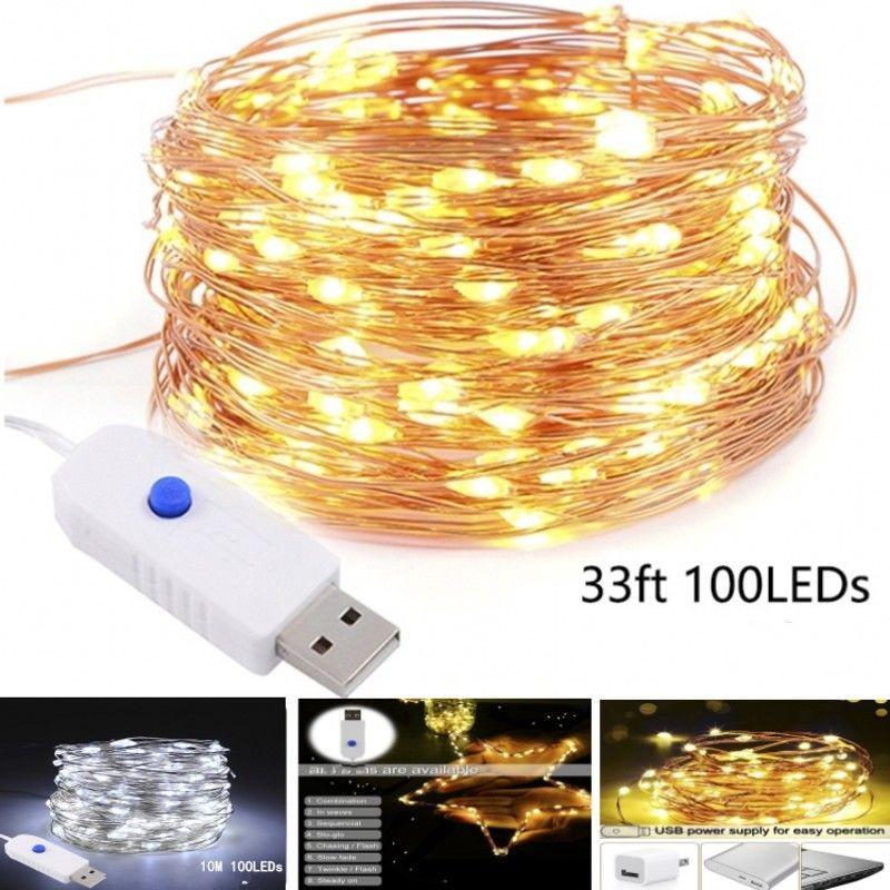 COD 100LED USB Charge String Copper Wire Fairy Light Xmas