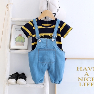 【Boys clothes】 0~4 years old boy fashion suit baby denim shorts with rainbow stripes short sleeves