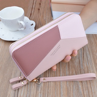 【Stock】 2019 New Double Zipper Clutch Bag Ladies Long Stitching Color Large Capacity Wallet Phone Pu