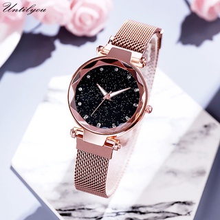 Luxury Starry Stainless Steel Gold Mesh Bracelet Watches Women Crystal Analog Quartz Wrist Watch Accessories