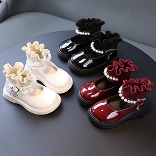Baby Girls Shoes Kids Girl Leather Shoes Non-slip Pearl Flat Shoes Soft Sole Princess Shoes White Shoes