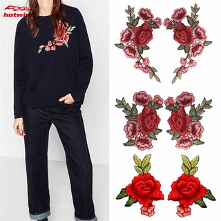 HW 1 Pair Rose Flowers Embroidery Iron On Patches Sewn Applique Embroidered DIY Clothes Accessories