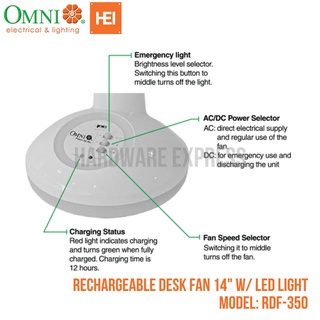 OMNI RDF-350 Rechargeable Desk Fan 14" w/ Emergency LED Light and USB port