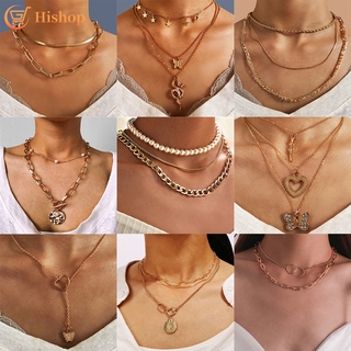 Korean Personality Lock Butterfly Pearl Pendant Multilayer Chain Choker Fashion Retro Bohemian Gold Necklace Jewelry Accessories Gift