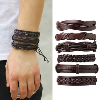 6 Pcs/Set Men's Women's Vintage Brown PU Leather Bracelets Weaved Wristband Wrap (1)
