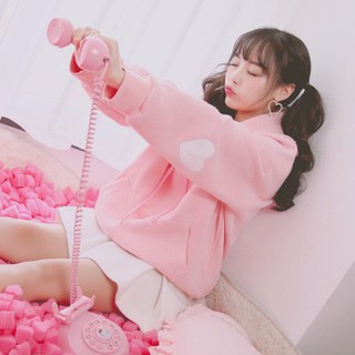 Women Hoodie Korean Heart Printed Pink Pullover Jacket Tops