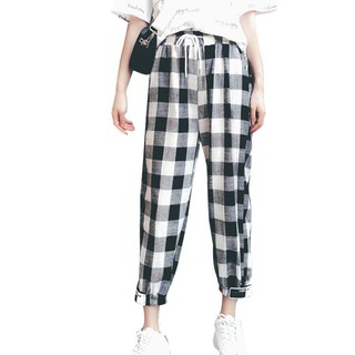 Korean StyleWomen Men Unisex Causal Plaid Long Pant Casual Loose Trousers (3)