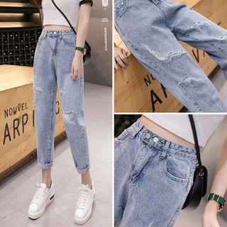 Summer thin high-waist beggar ripped jeans female student Korean version loose and thin straight nin