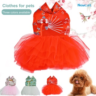 newcat Pet Tang Suit Chinese Style Dress-up Skin-friendly Pet Dogs Cheongsam Tulle Dress for New Year (1)