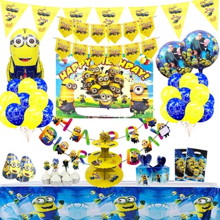 Minions Theme Party Supplies Kids Birthday Festive Event Cartoon Balloons Banner Background Decor