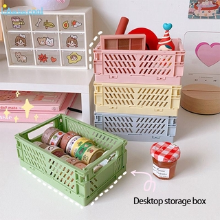 Mini Folding Plastic Storage Box Student Desktop Organizing Handbook Tape Stationery Skin Care Storage Basket Foldable Storage Basket Desktop Box Stackable Organizer Home Containers Student Office Supplies Pastel Vintage Foldable Collapsible Desk Storage