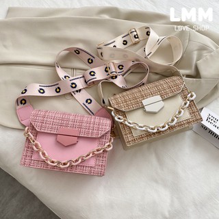 0058 korean style high fashion acylic chain tweed fabric leather synthetic pu hand sling bag daisy