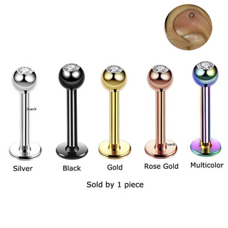 1 Piece Flat Head Labret Stud Lip Ring/Ear Cartilage Tragus Helix Piercing 16Gauge Stainless Steel with Zircon