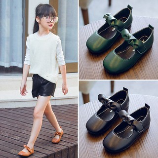 Solid Color Kids Girls PU Leather Shoes Removable Bowknot