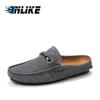 New Summer Men Flats Mules Slip on Split Leather Slides Shoes Man Soft Leather Casual Slipper 1pVn