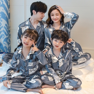 Big White Family Sleepwear Kids Silk Pajamas Set Thin Long Sleeve Terno Pantulog Girls Korean Loungewear