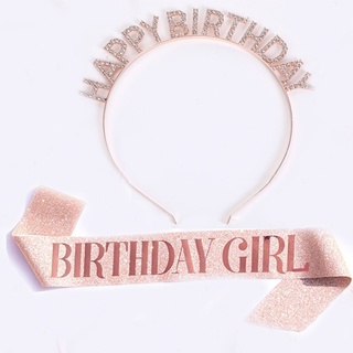 Birthday Girl Glitter Satin Sash Rhinestone Hairband Happy Birthday Letter Flash Diamond Headband + Birthday Sash