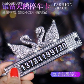 Hot sale▧☸❖Moving car contact card stickers swan diamond-studded fashion personality creative ladies car temporary parking sign telephone number plate