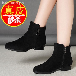 Hot sale□♀┅Genuine leather short boots women s flat-bottomed thick heel women s shoes low-heeled all-match women s boots new boots winter cotton shoes mid-heel Martin boots