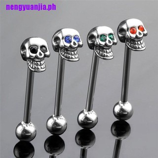 【nengyuanjia】14G Stainless Steel CZ Gem Skull Silvery Tongue Barbell Ring Bar Body Piercing