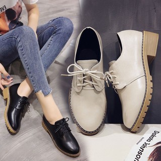 ℡2020 spring new retro British strap round-head small leather shoes with single-heeled thick-heeled large size women's