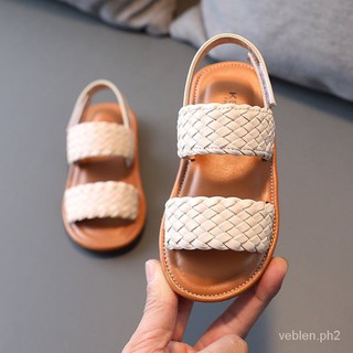 Girls Woven Strappy Sandals Soft Leather Velcro Open Toen1-8 Years Old Kids Beach Shoes