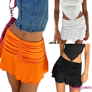 DEMQ-Women Casual Pleated Hem Skirt, Solid Color Elastic Waist Short Skirt
