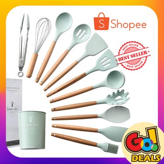 12 PCS. SILICONE KITCHEN SET WOODEN SPATULA NON-STICK ASSORTED COLORS Frying Fish Chicken Pasta Soup (1)