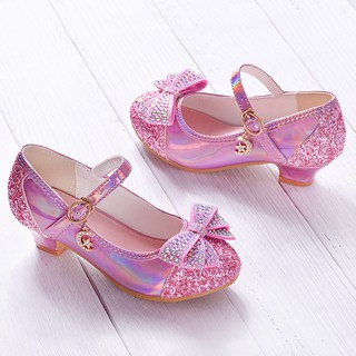 ✷✱Girls shoes stage crystal pink princess spring and autumn new leather silver model catwalk children s high heels