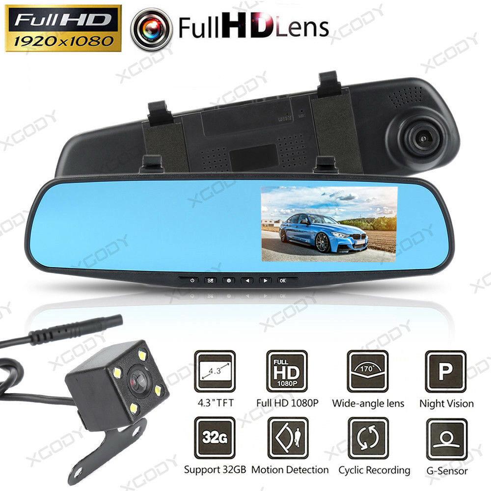 Dual Lens HD 1080P 4.3" Car DVR Rearview Mirror Camera Dash Cam Video Recorder