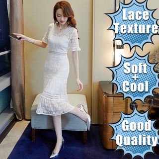 PLS Lady White Lace Fairy Wedding Dress Cocktail Party Short Sleeve V-neck Ladies Woman Round-neck