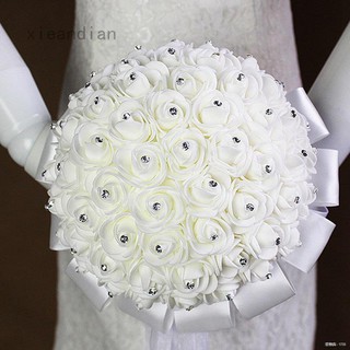 ❒☬xieandian Wedding Flowers Ivory Rose Crystal Bouquet, Bride, Bridesmaid, Flower-Girl Wand