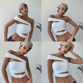 Women’s Fashion Solid Color Tank Top Summer Sexy Oblique Shoulder Bandage Slim Exposed Navel Vest