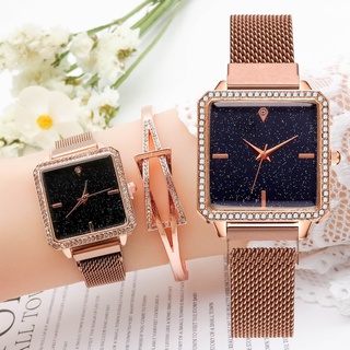 Square Watches For Women Luxury Starry Sky Dial Magnetic Ladies Quartz Watch Bracelet Set Simple Rose Gold Mesh Women