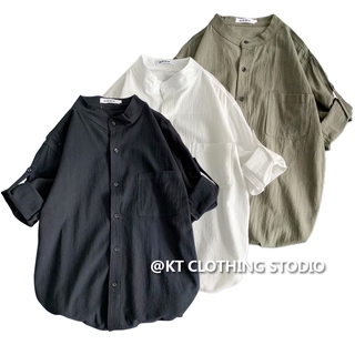 【M-2XL】White Polo~Men Slim Fit Cotton Linen Plain Crew Neck Short Sleeve Shirt