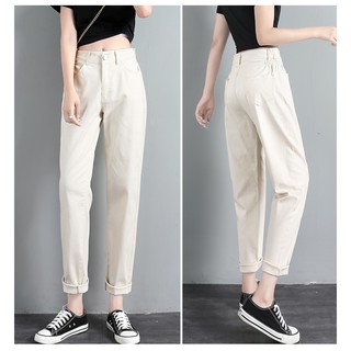 Girls Fashion Elastic Waist Boyfriend Jeans Beige MOMJEANS Slimer High waist women's trousers (1)